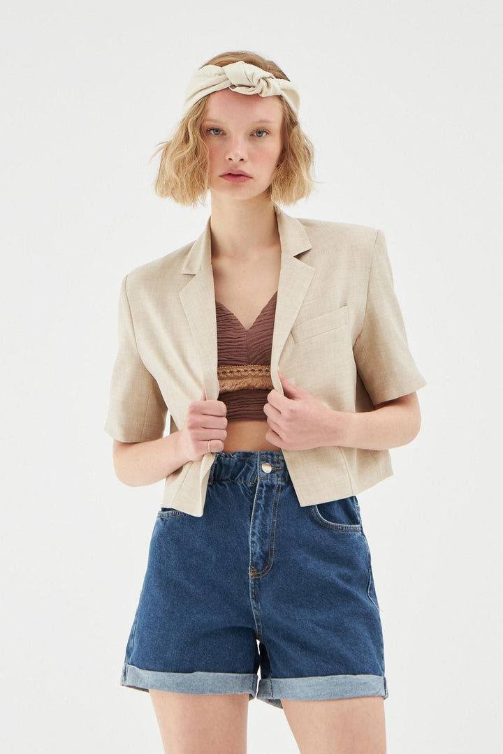 Vatkalı Crop Blazer Ceket Taş