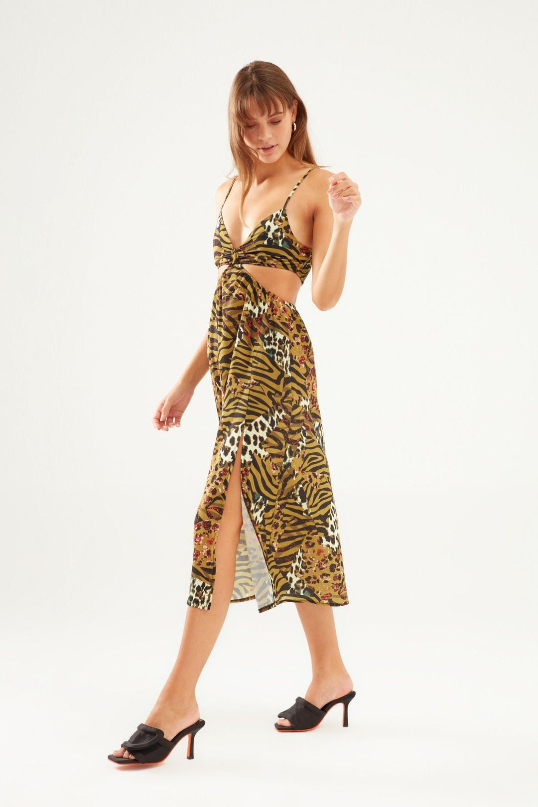 Patterned Cut Out Dress Brown