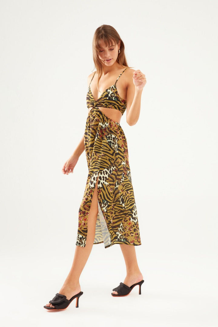 Patterned Cut Out Dress Brown