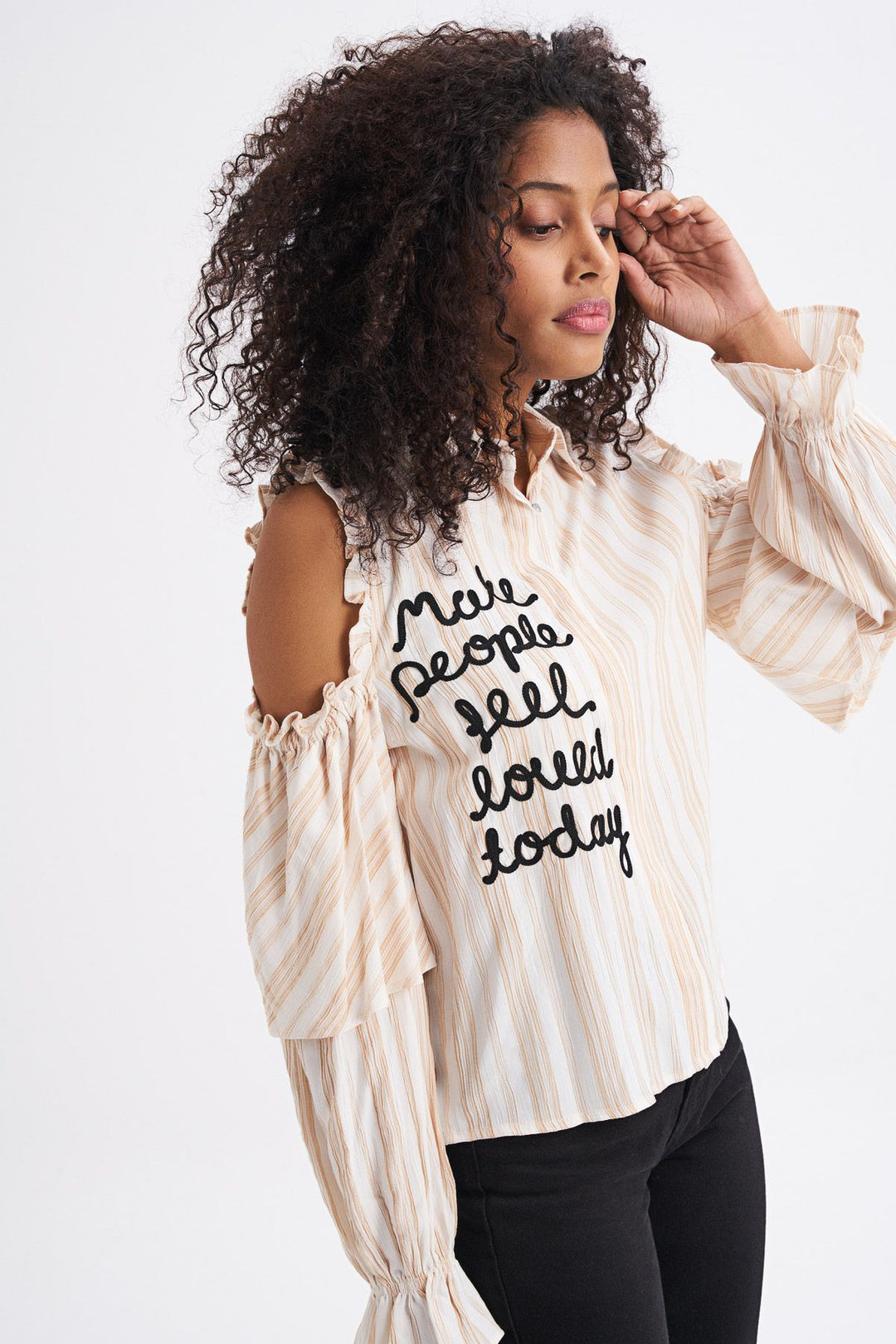Embroidery Detailed Striped Off Shoulder Shirt Beige