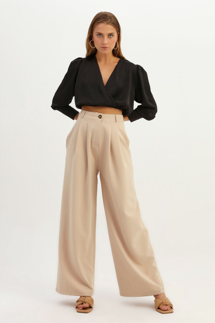 Waistband Double Breasted Crop Blouse Black