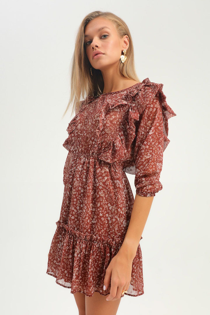 Patterned Ruffle Midi Dress Brown