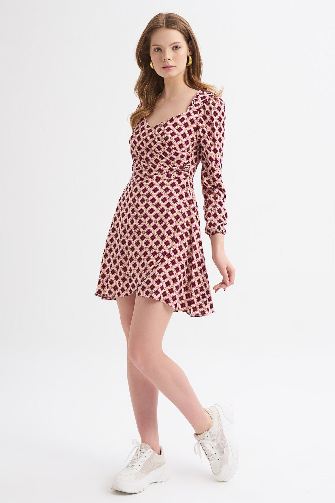Patterned Wrap Dress Claret Red