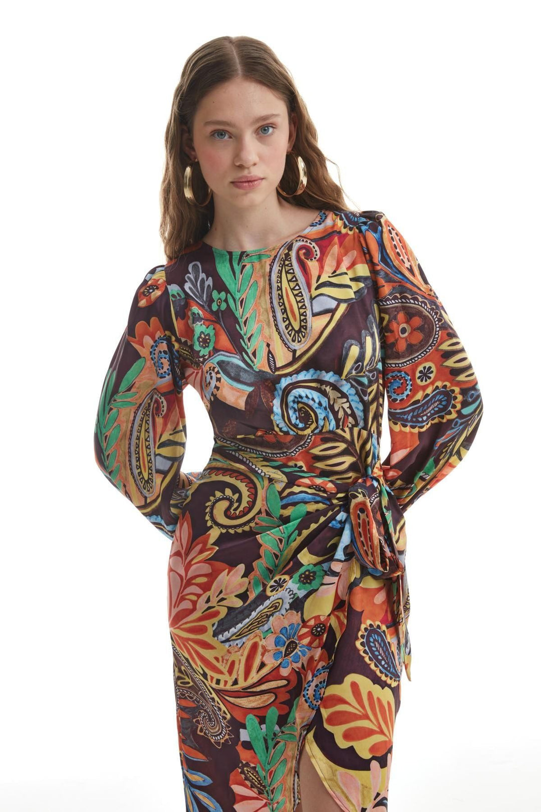 Wrapped Long Patterned Dress Orange