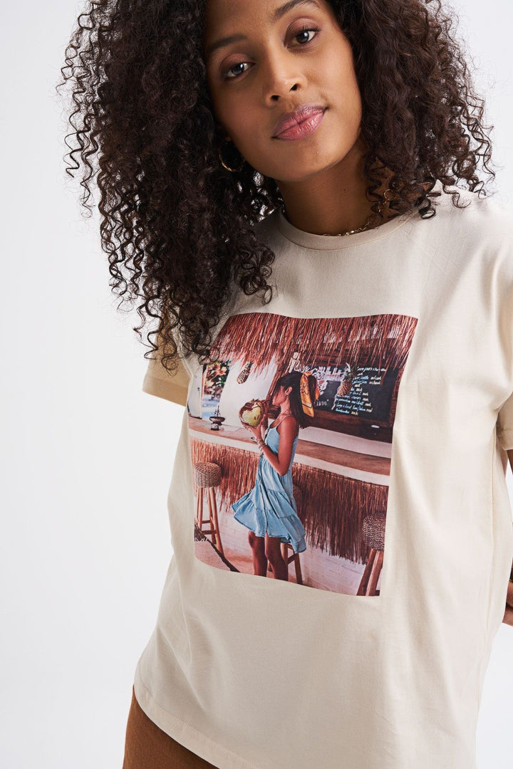 Baskılı Tişört Açık Bej