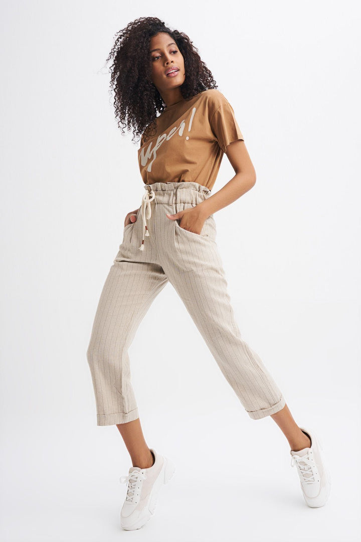 Hasır Kemerli Keten Pantolon Bej