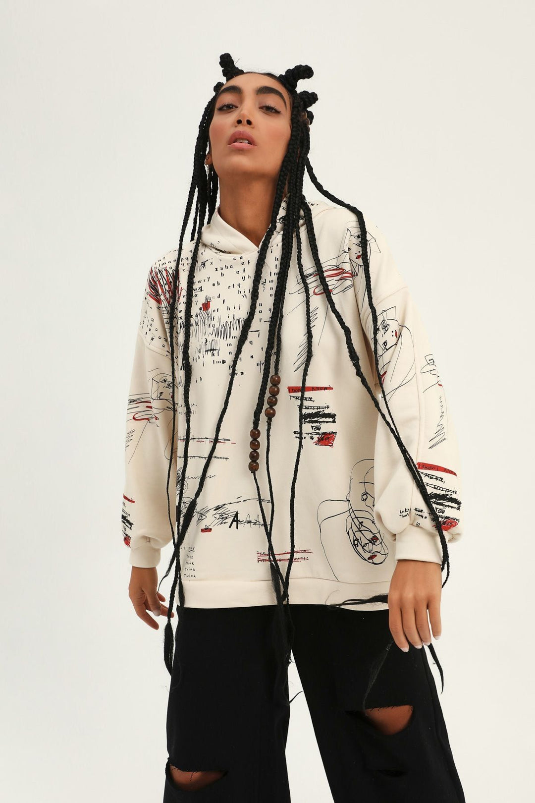 Printed Hoodie Oversize Sweatshirt Beige
