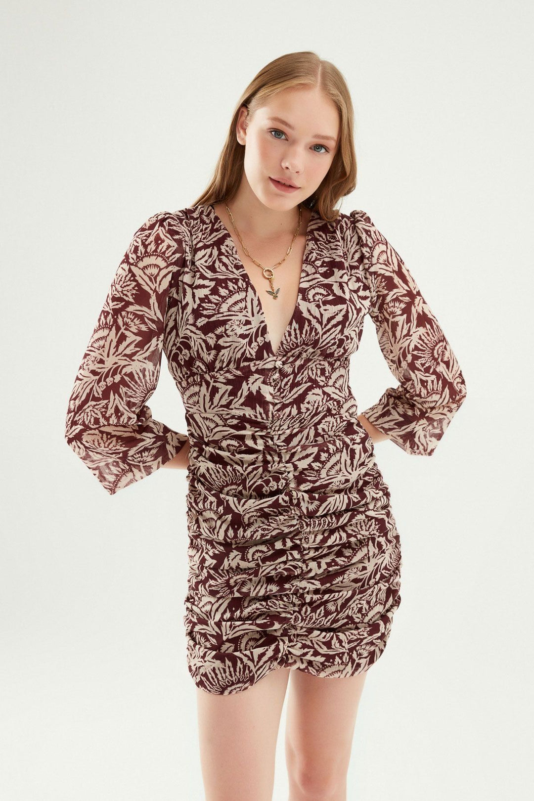Patterned V Neck Mini Dress Claret Red