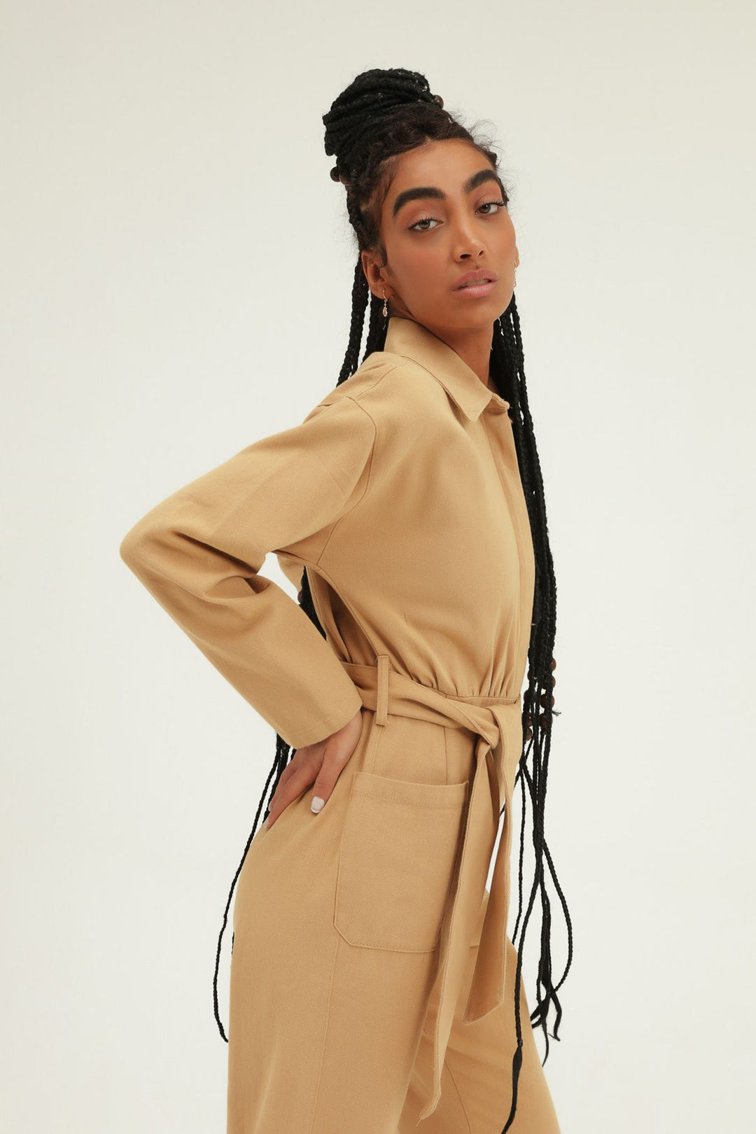 Kemerli Gömlek Yaka Tulum Camel