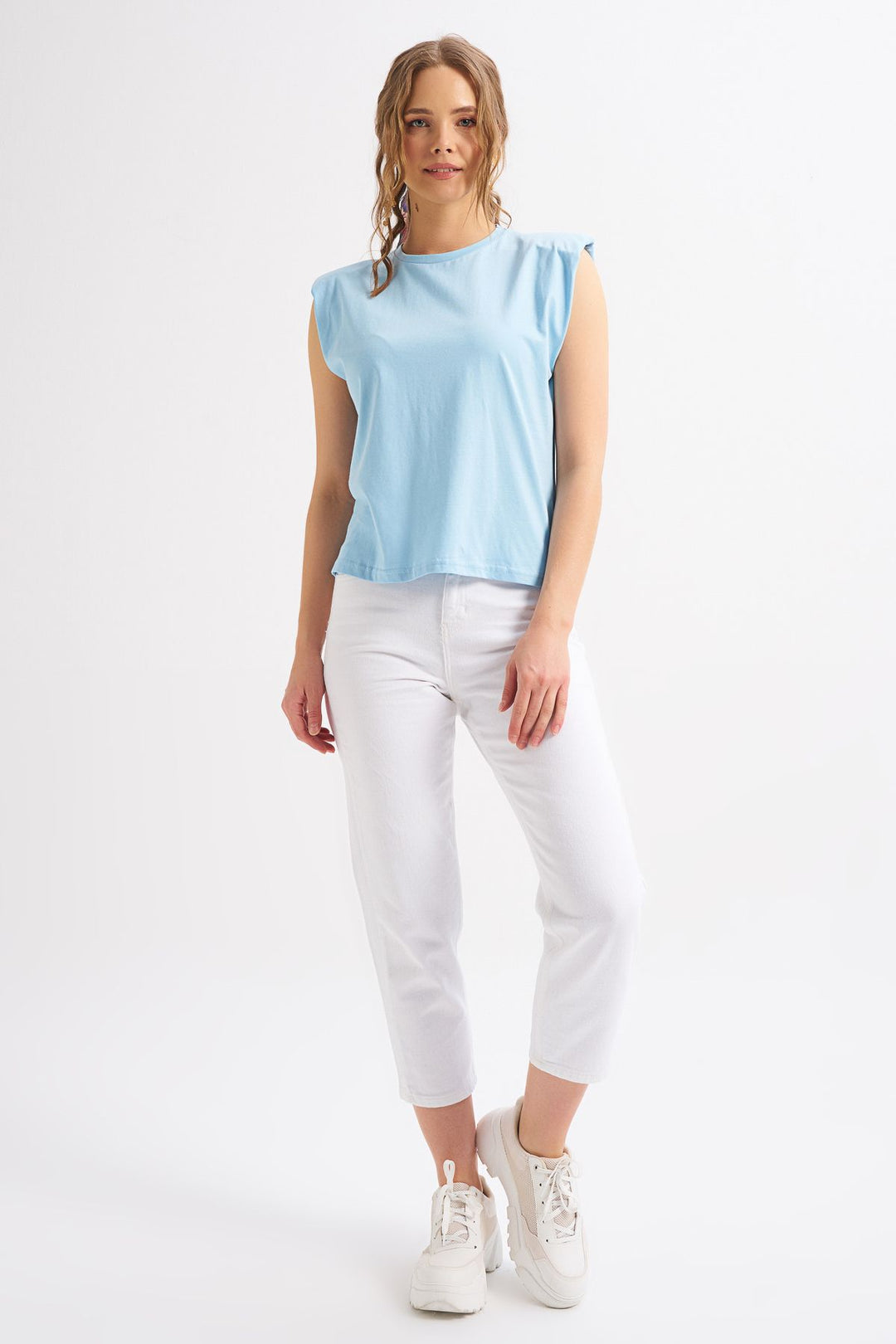 Padded Sleeveless Basic T-Shirt Blue