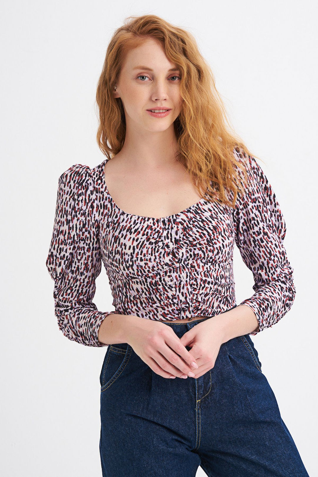 Patterned Front Buttoned Sleeves Gathered Blouse Lilac