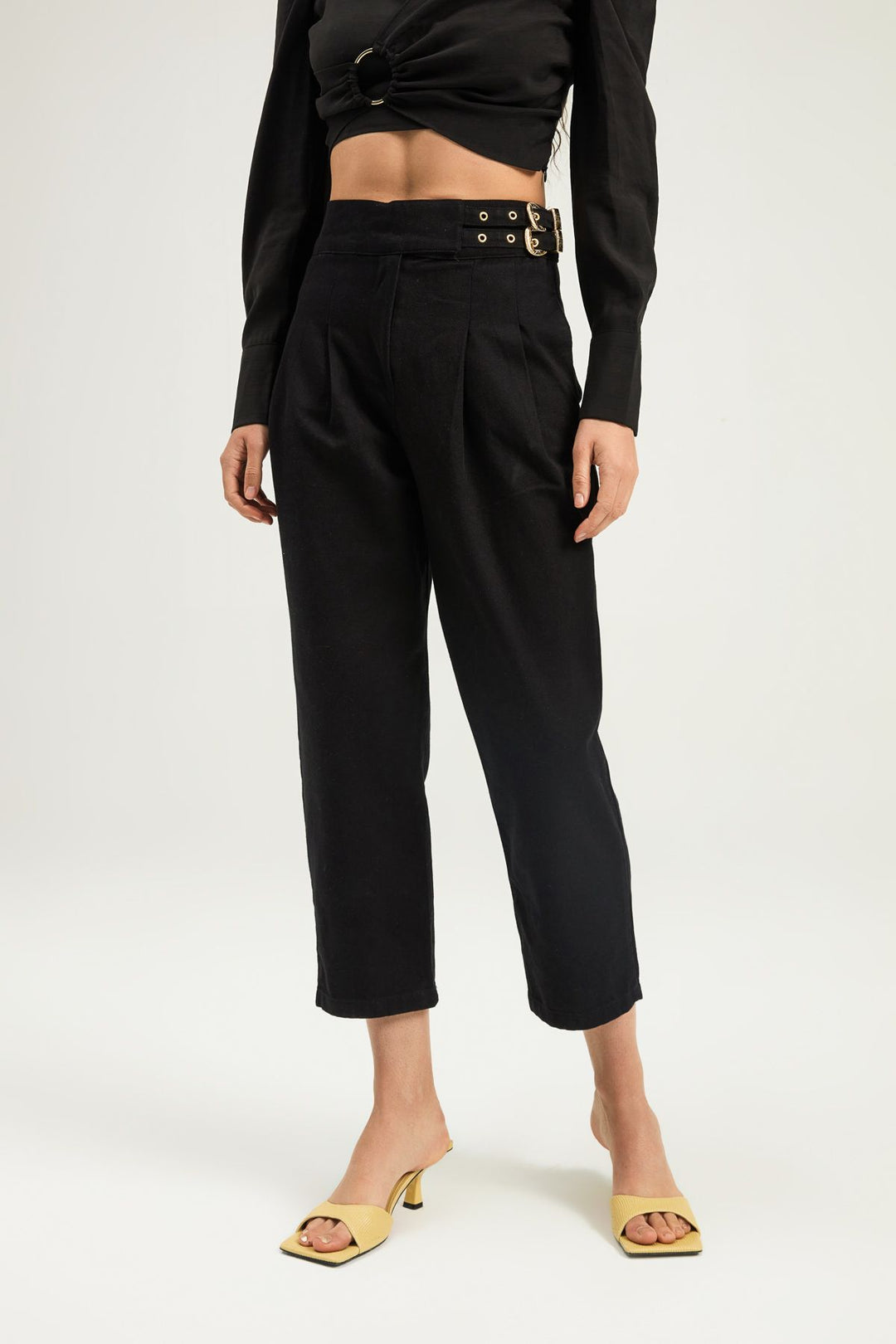 Tokalı Gabardin Yüksek Bel Pantolon Siyah