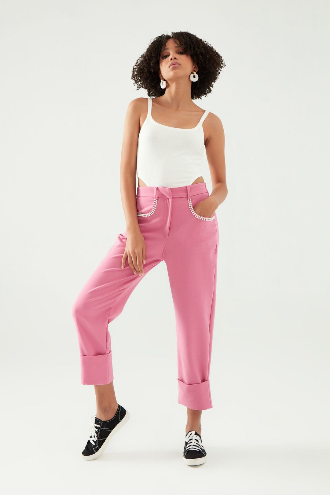 İnci Detaylı Duble Paça Pantolon Fuşya
