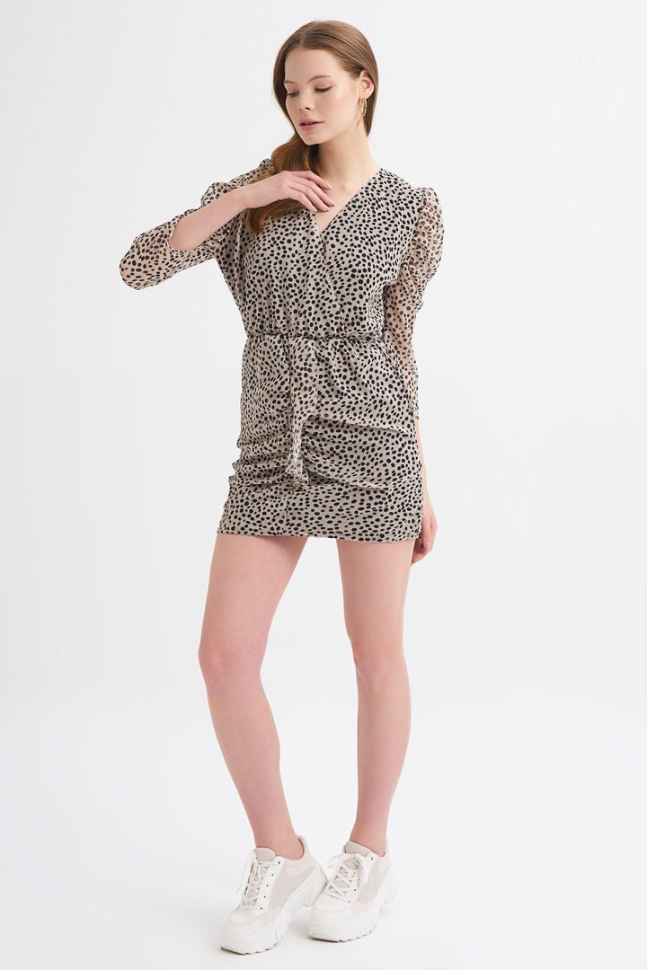 Patterned Ruffle Detailed Double Breasted Dress Beige