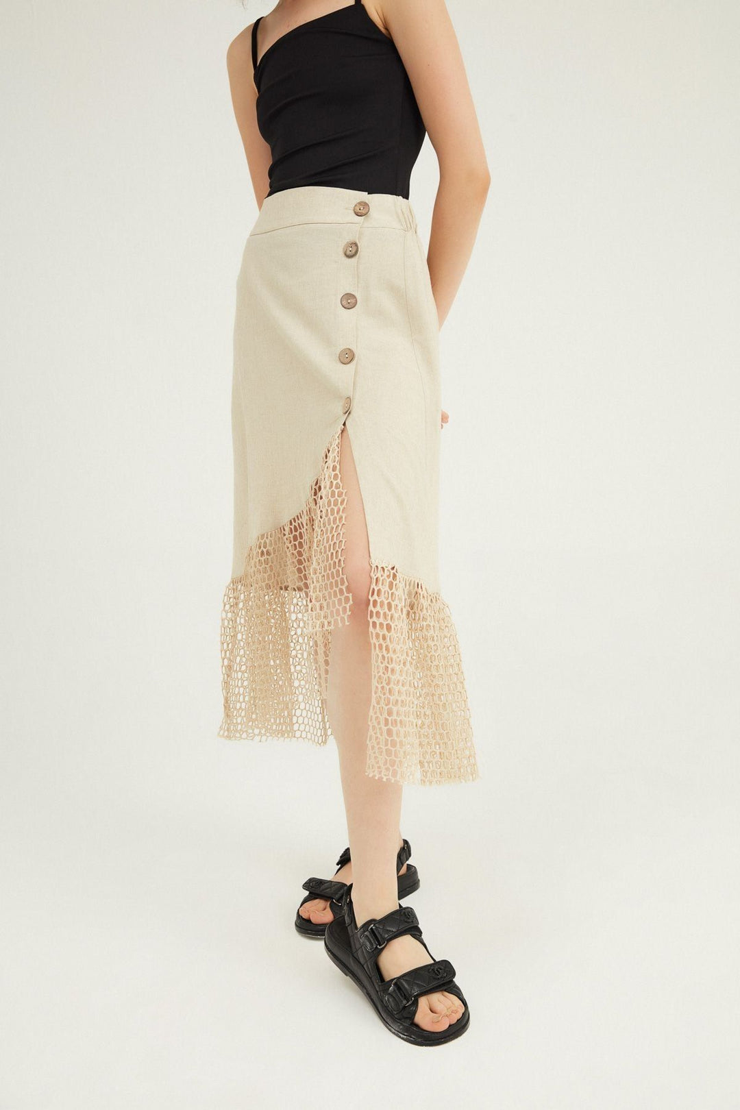 Mesh Detailed Buttoned Linen Skirt Natural