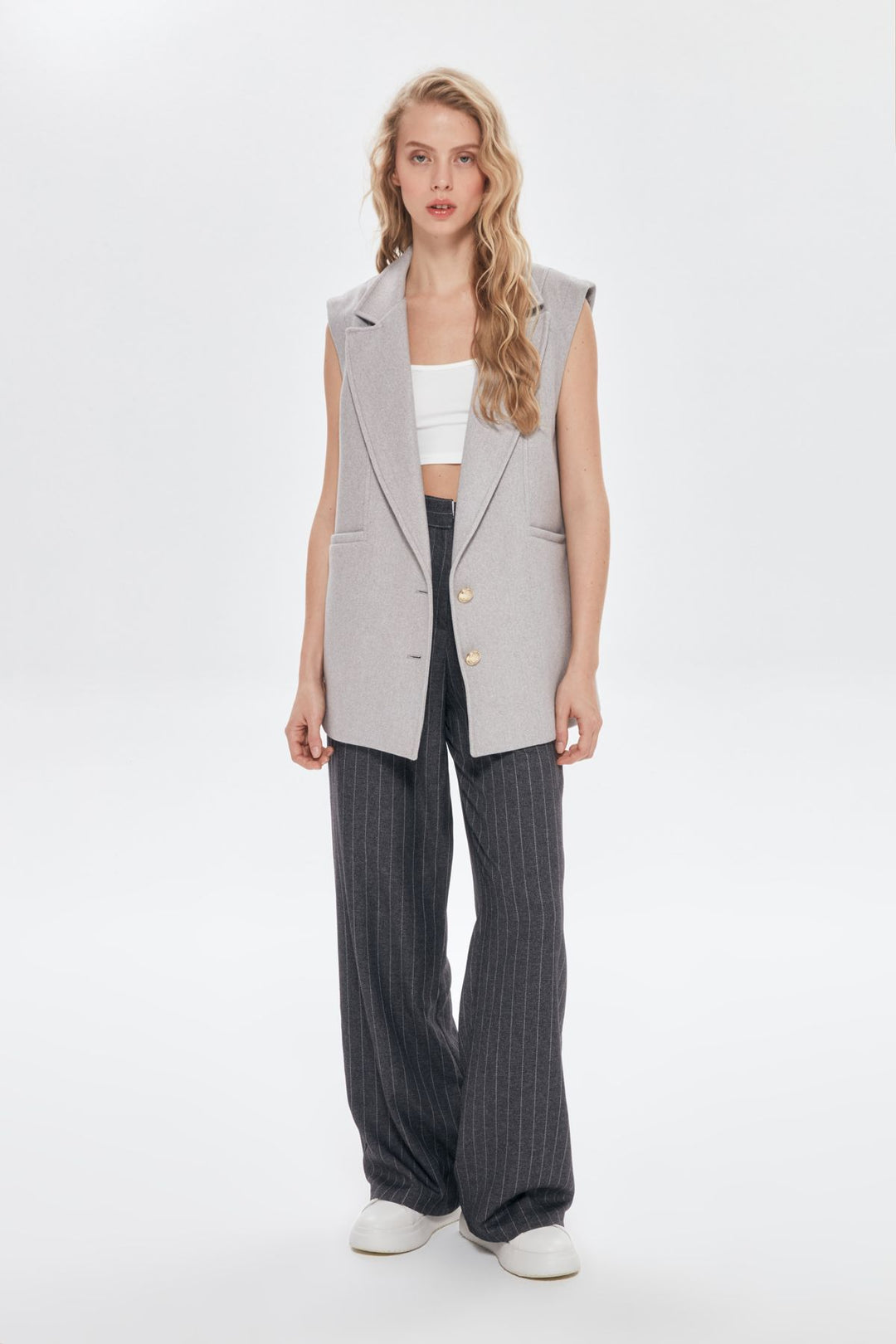 Kruvaze Yaka Kaşe Yelek Ceket Gri