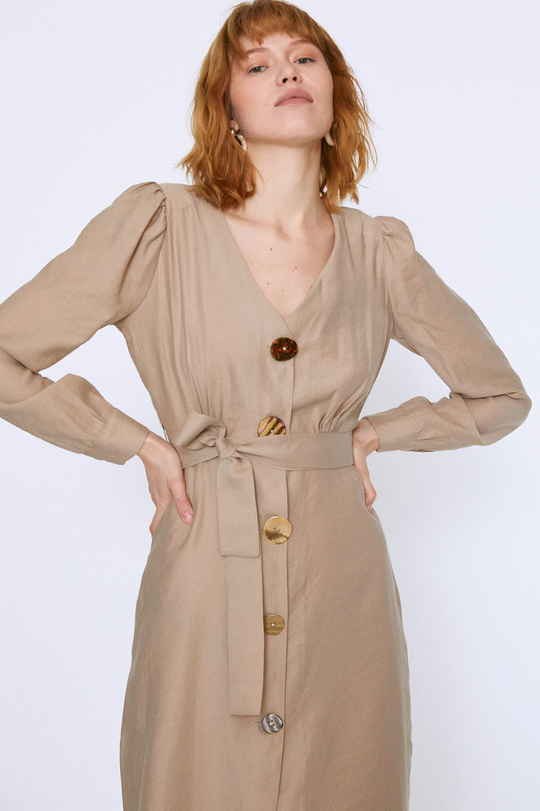 Button Front Belted Dress Stone