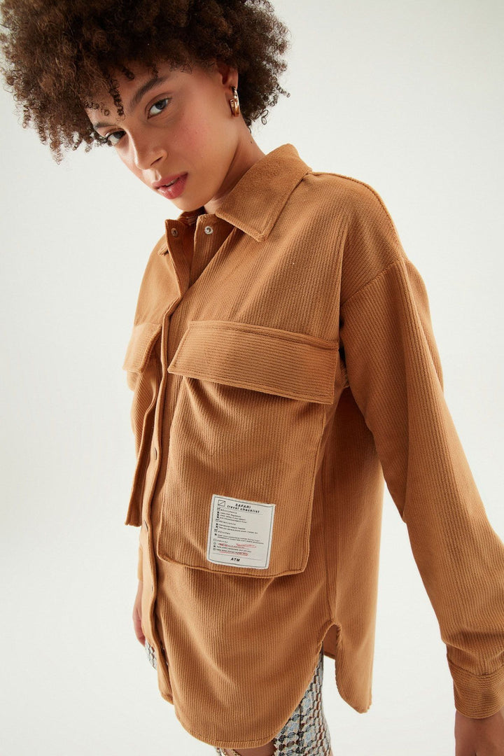 Büyük Cepli Kadife Gömlek Camel