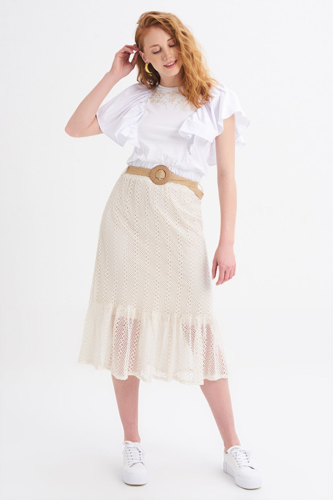 Nakış Detaylı Karpuz Kol Tişört Beyaz