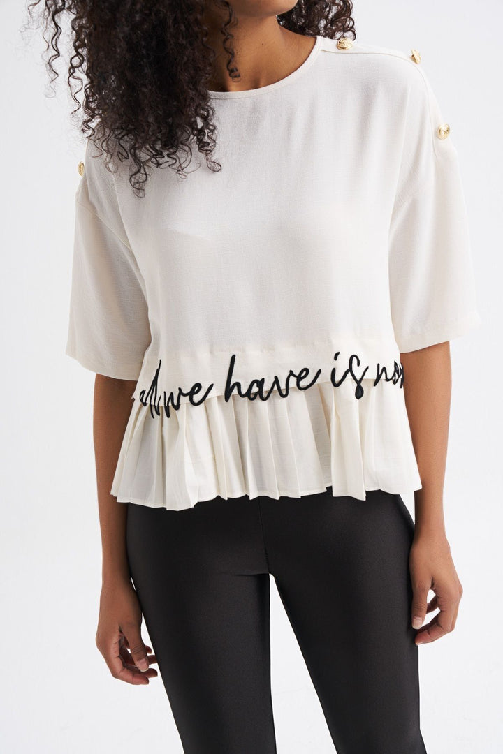 Button Accessory Embroidered Frilly Blouse Ecru