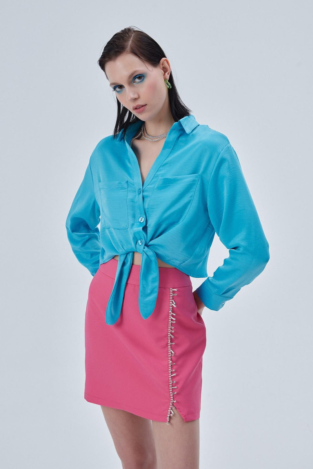 Tie Front Crop Shirt Blue