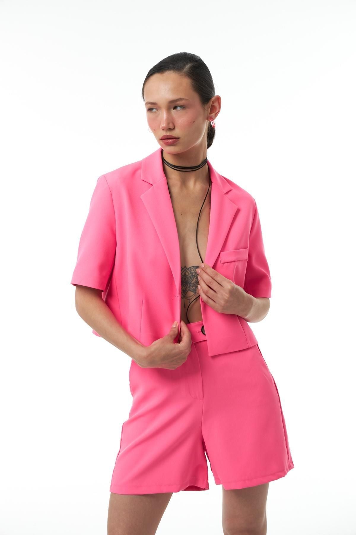 Short Sleeve Crop Blazer Jacket Neon Pink