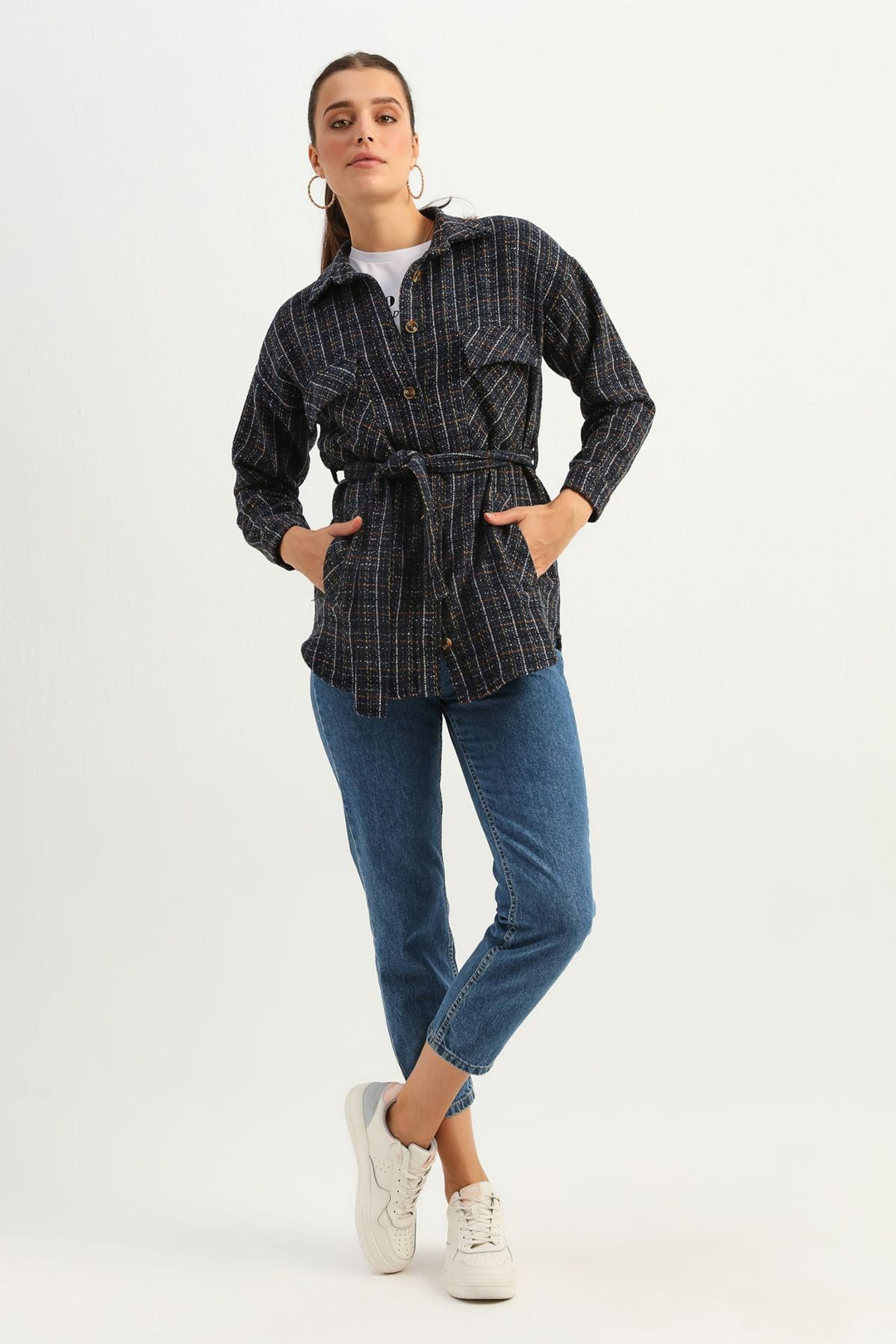 Tie Waist Tweed Shirt Indigo