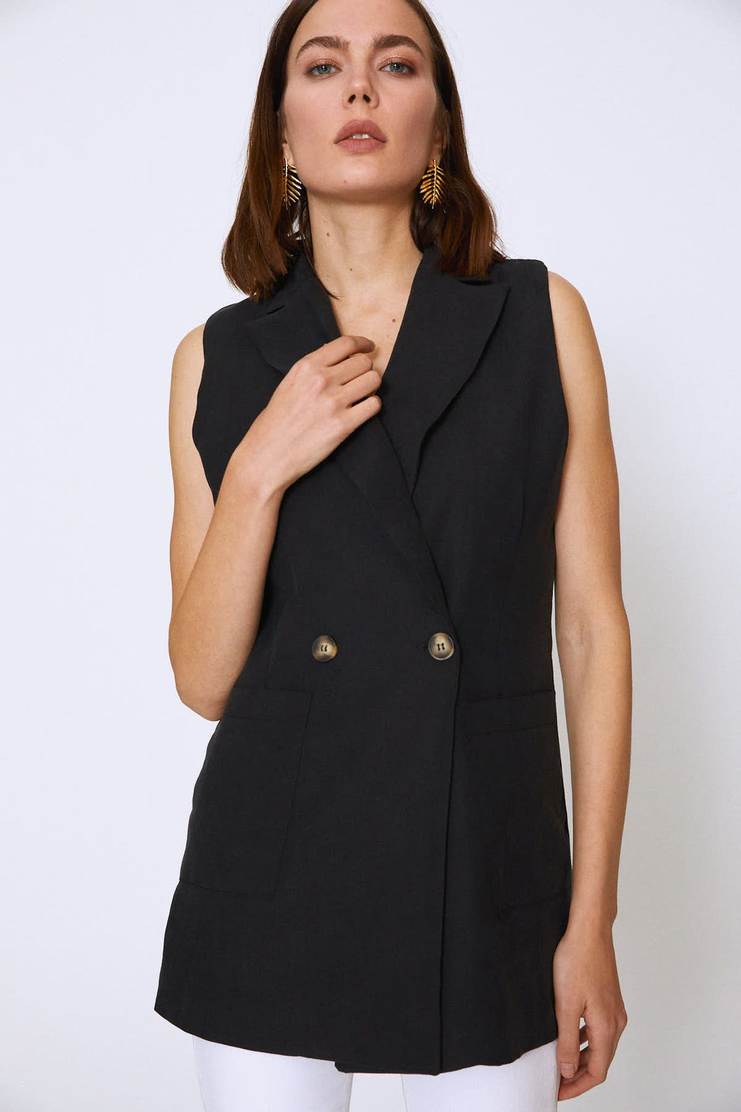 Kruvaze Cepli Kolsuz Ceket Siyah