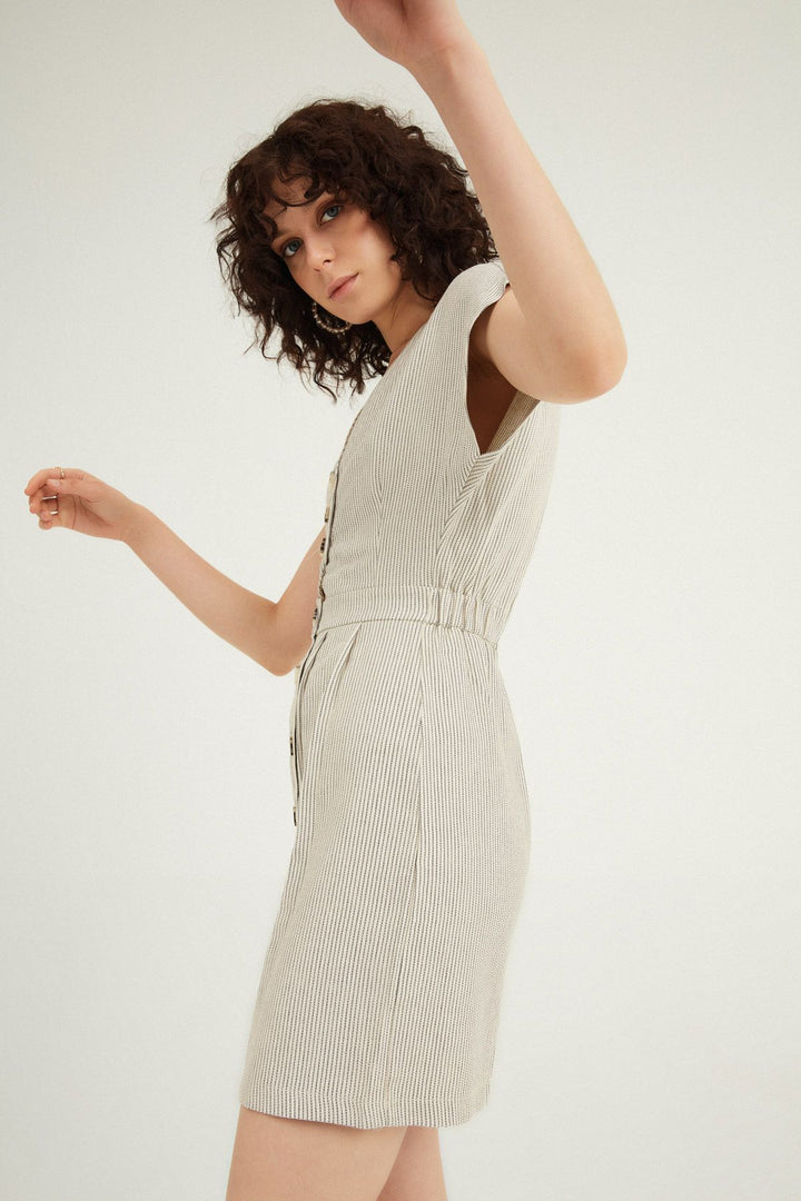 V Neck Buttoned Linen Dress Black