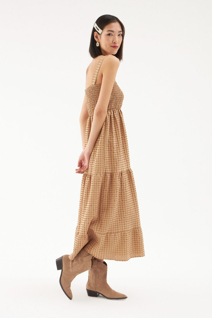 Askılı Fırfır Detaylı Elbise Bej