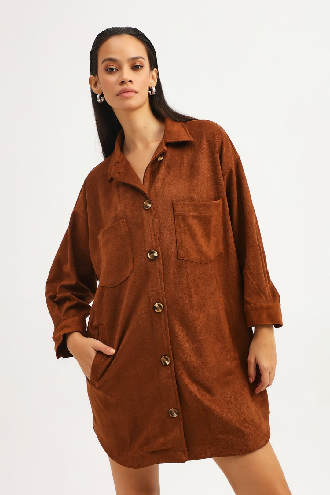 Süet Uzun Gömlek Kahverengi