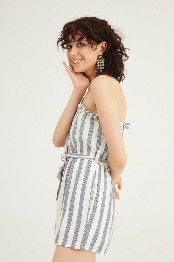 Buttoned Striped Linen Shorts Jumpsuit Indigo