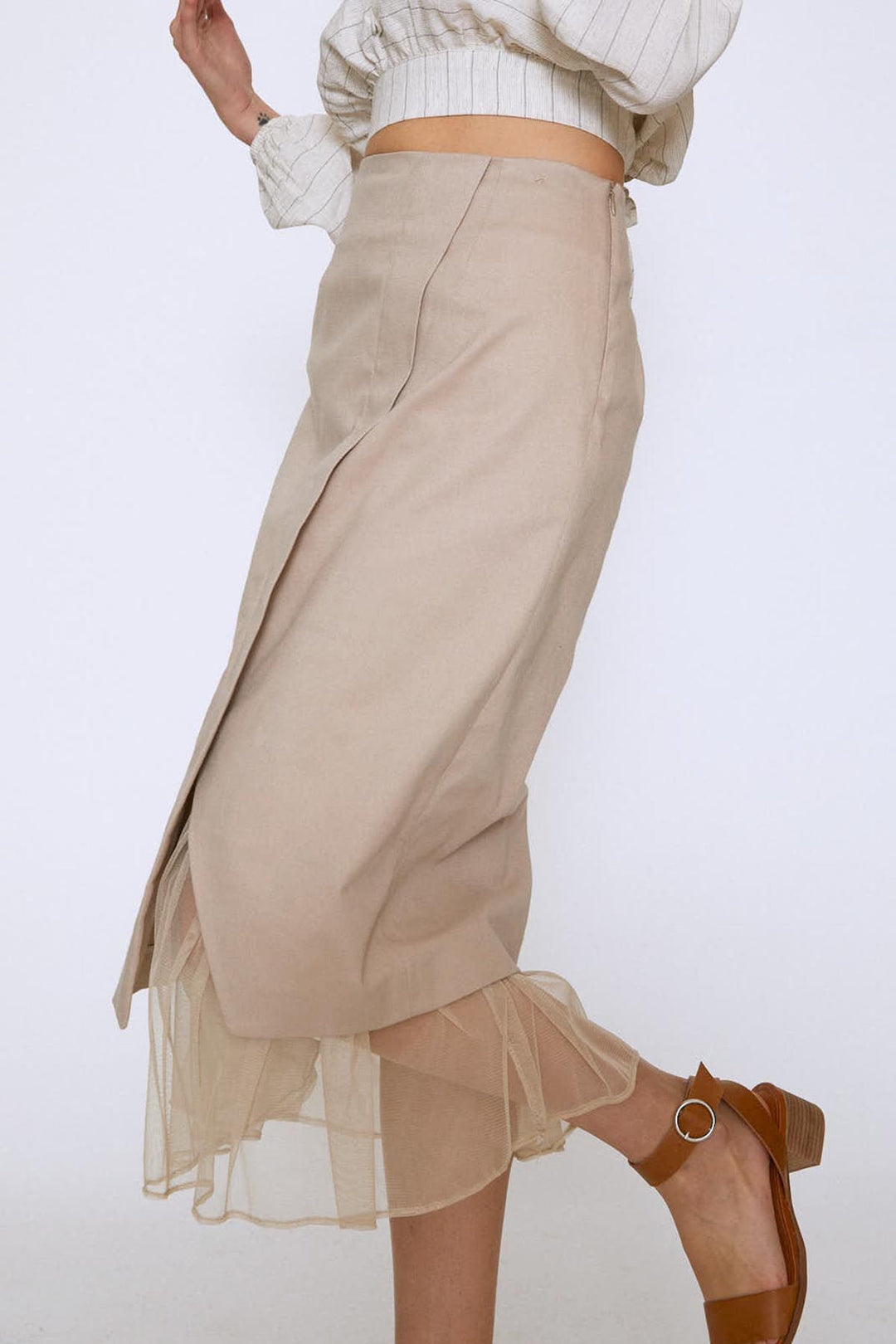 Six Tulle Midi Skirt Beige