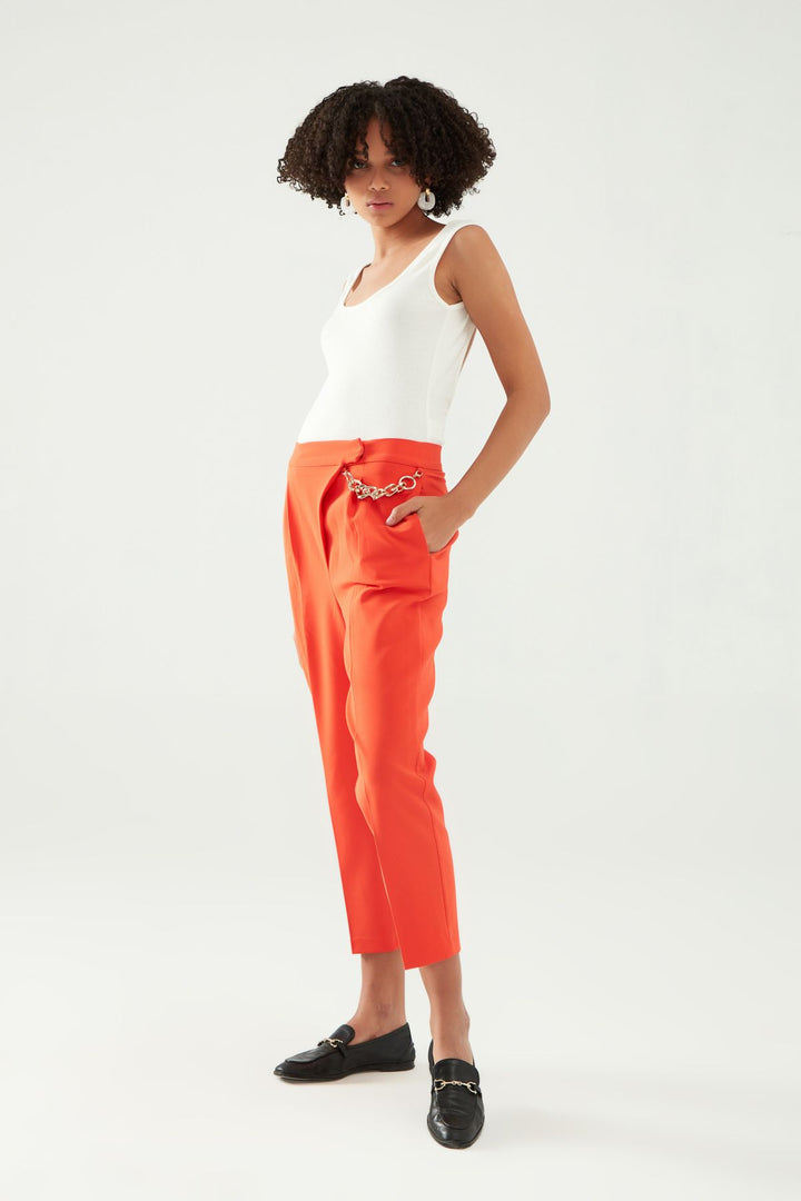 Zincir Aksesuarlı Yüksel Bel Pantolon Turuncu