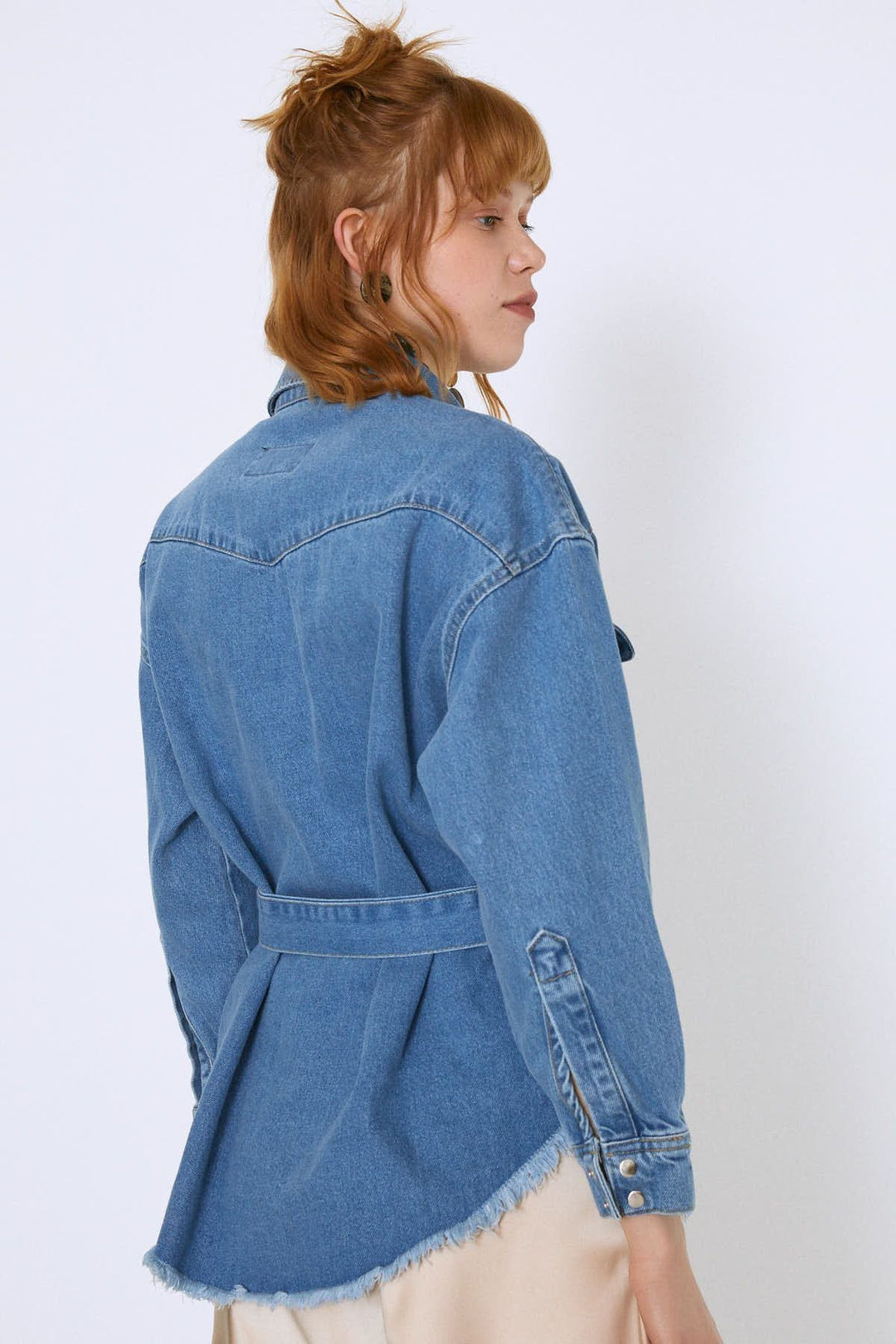 Belted Long Denim Jacket Blue