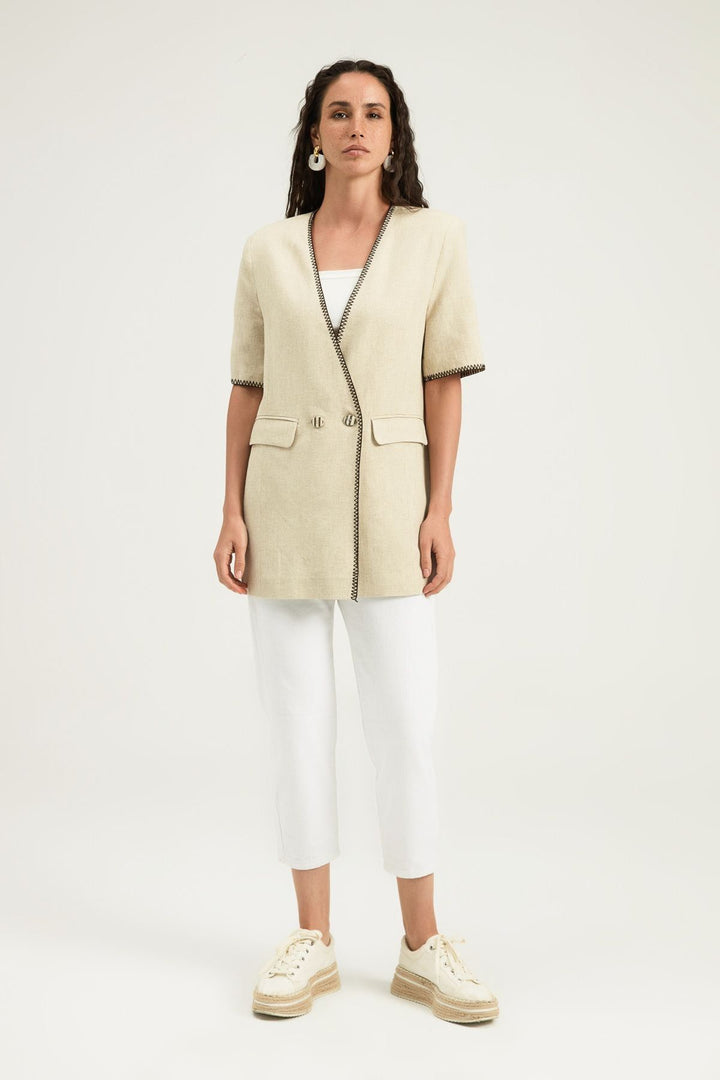 Double Breasted Linen Jacket Beige