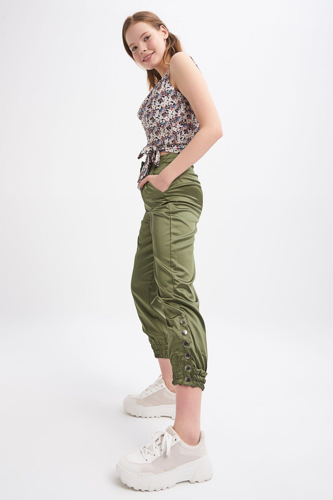 Snap Fastened Jogger Trousers Khaki