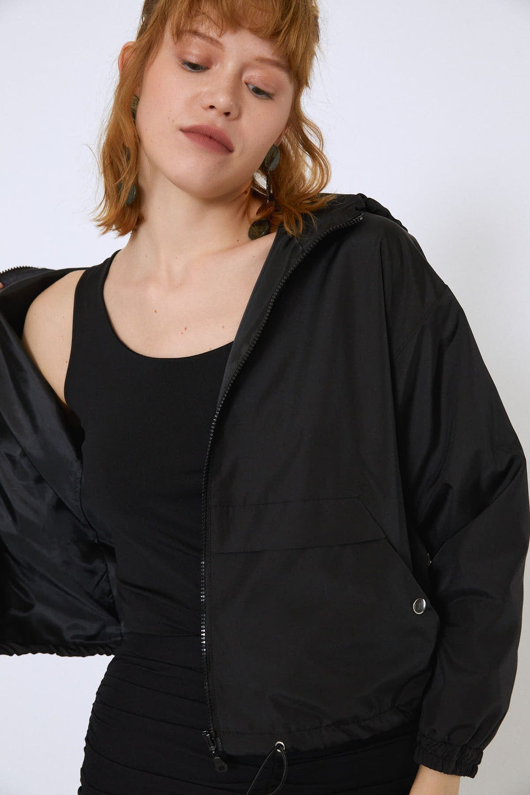 Kangaroo Pocket Printed Back Raincoat Black