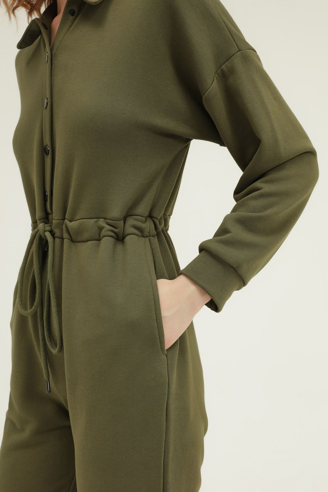 Pleated Waist Shirt Collar Jumpsuit Khaki