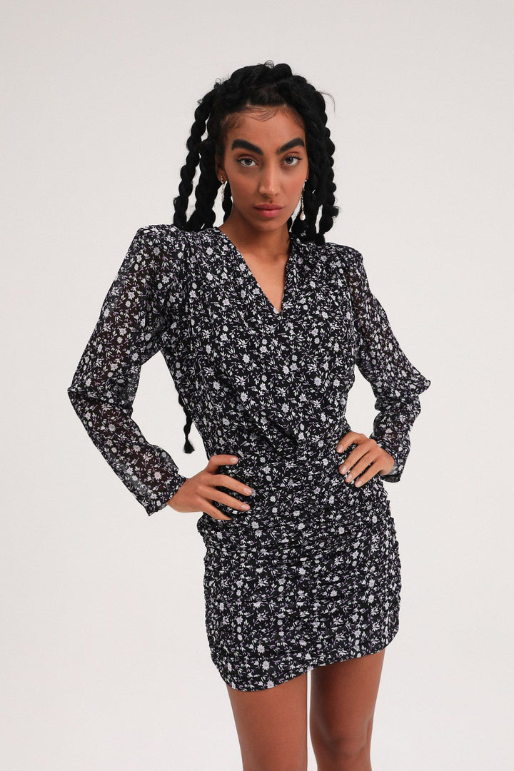 Patterned Pleated Double Breasted Mini Dress Black