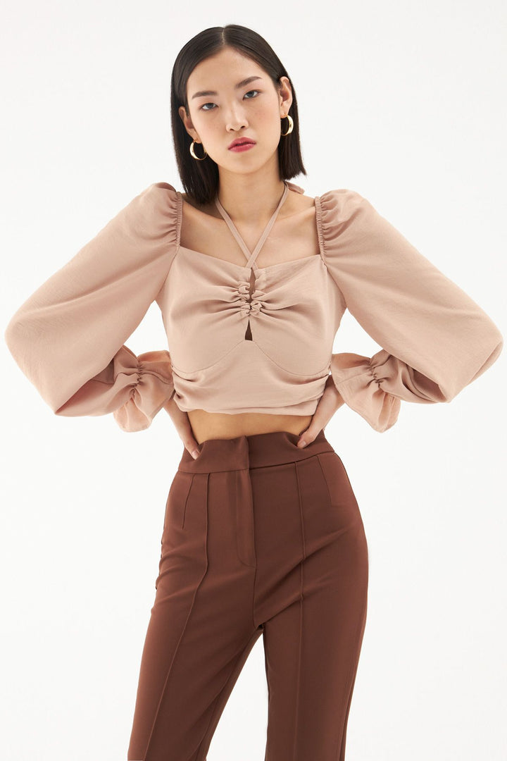 Tie Detailed Balloon Sleeve Blouse Beige