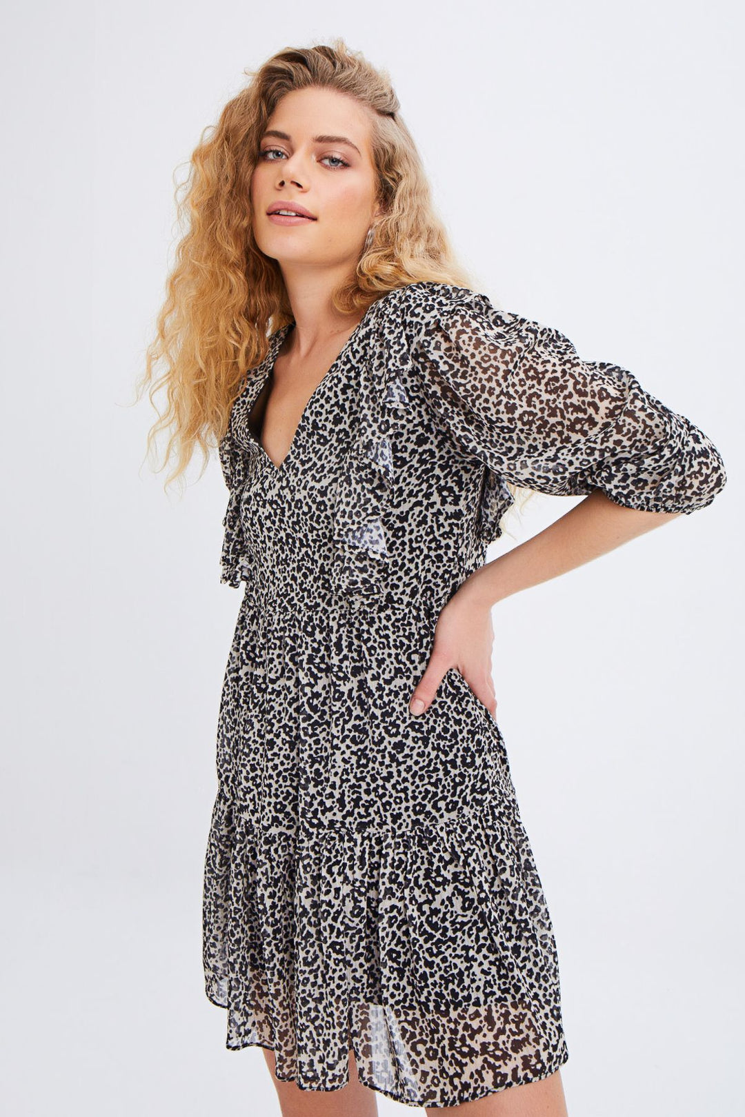 Patterned Ruffle V-Neck Dress Black