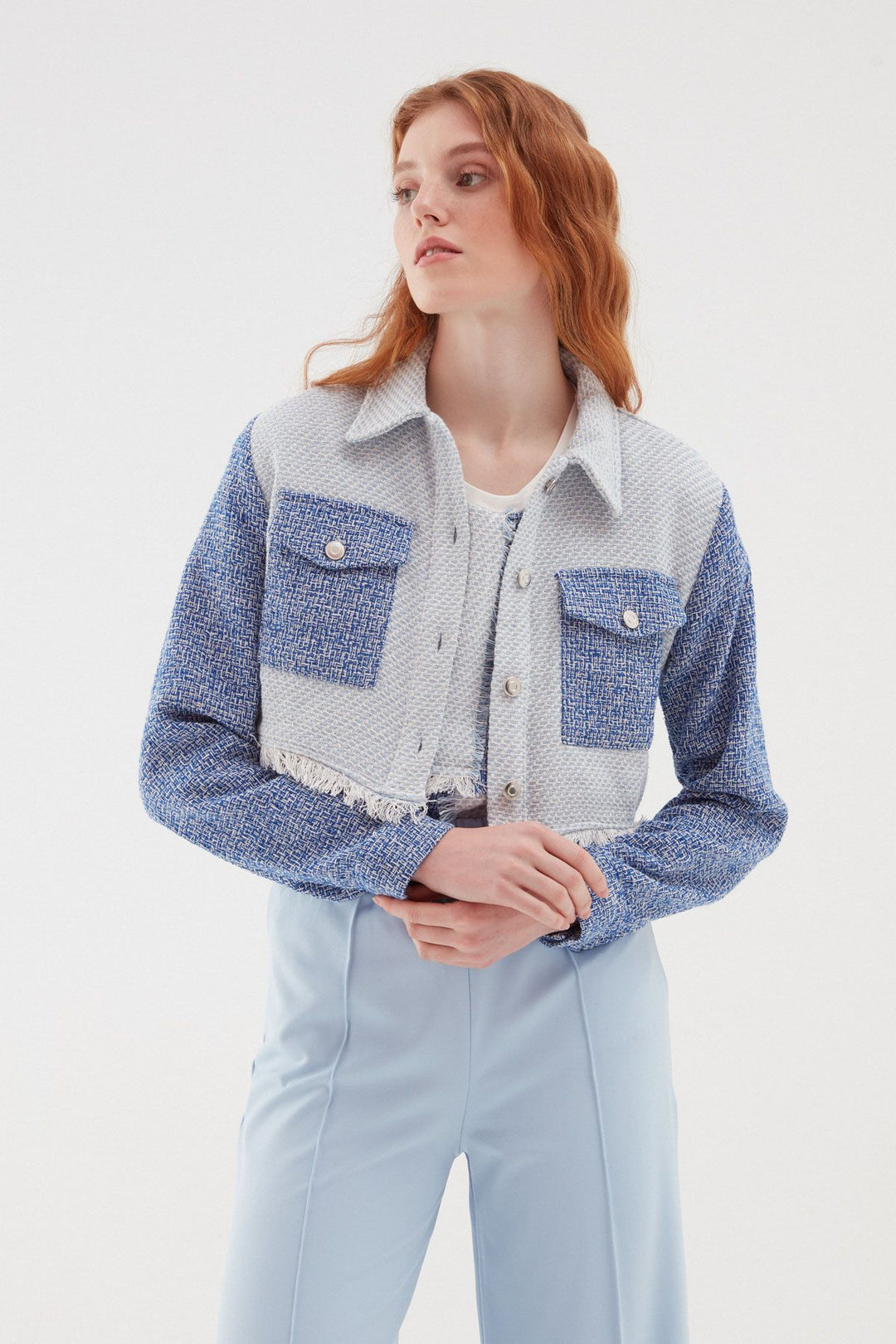 Püsküllü Tüvit Ceket Mavi