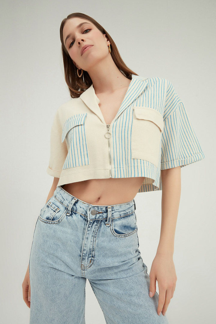 İki Renk Çizgili Kısa Ceket Bebe Mavi