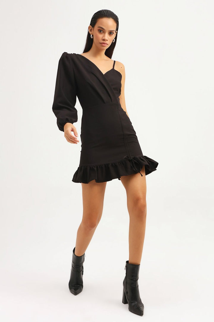 Pleated Asymmetrical Sleeve Dress Black