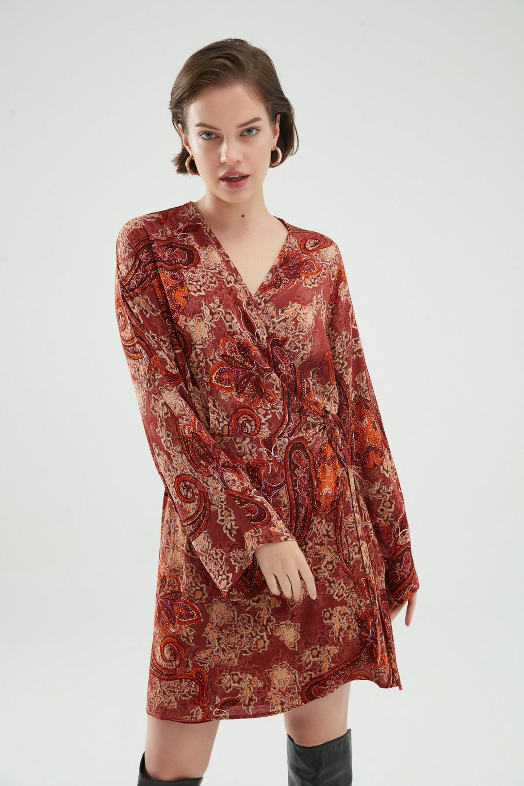 Desenli Anvelop Mini Elbise Kiremit