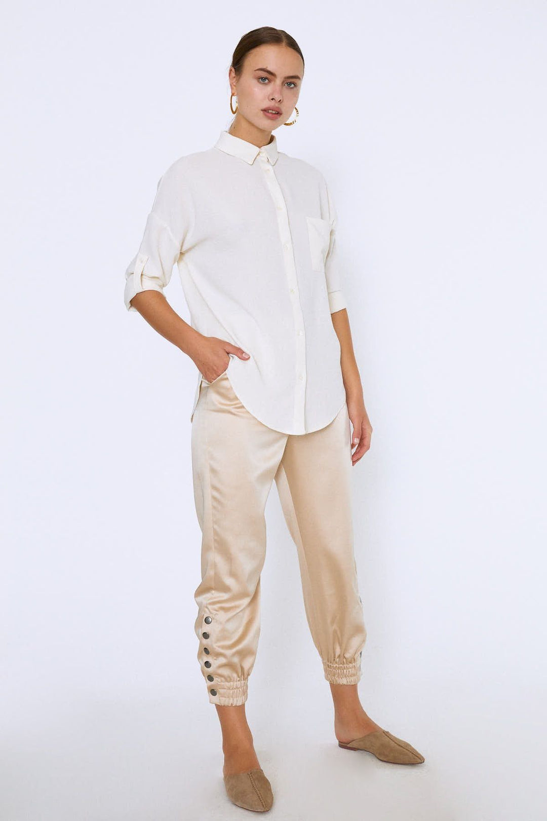 Embroidered Back Three Quarter Sleeve Shirt Ecru