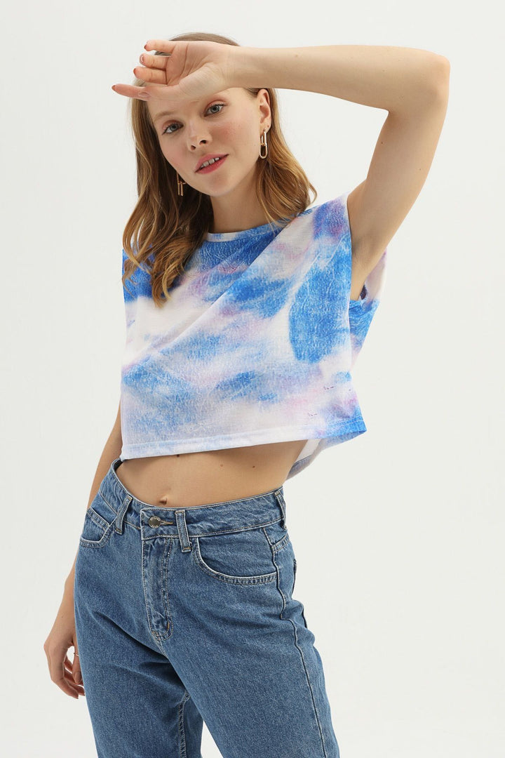 Desenli Vatkalı Crop Tişört Lila