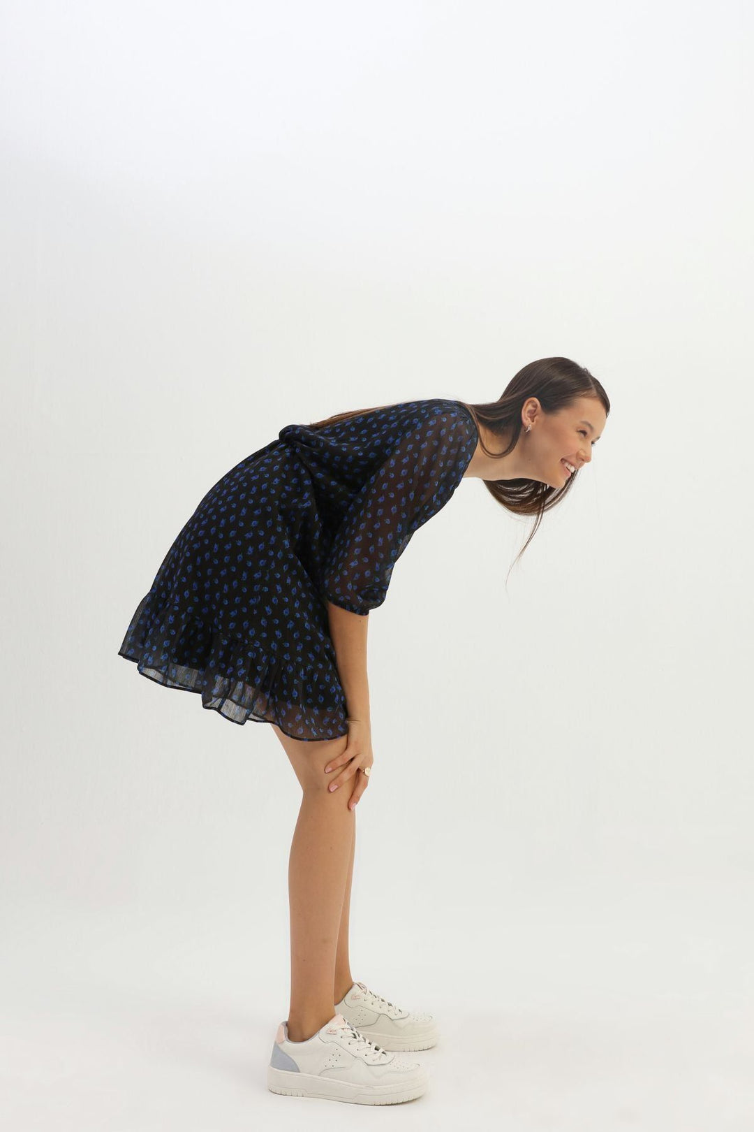 Patterned V Neck Midi Dress Sax