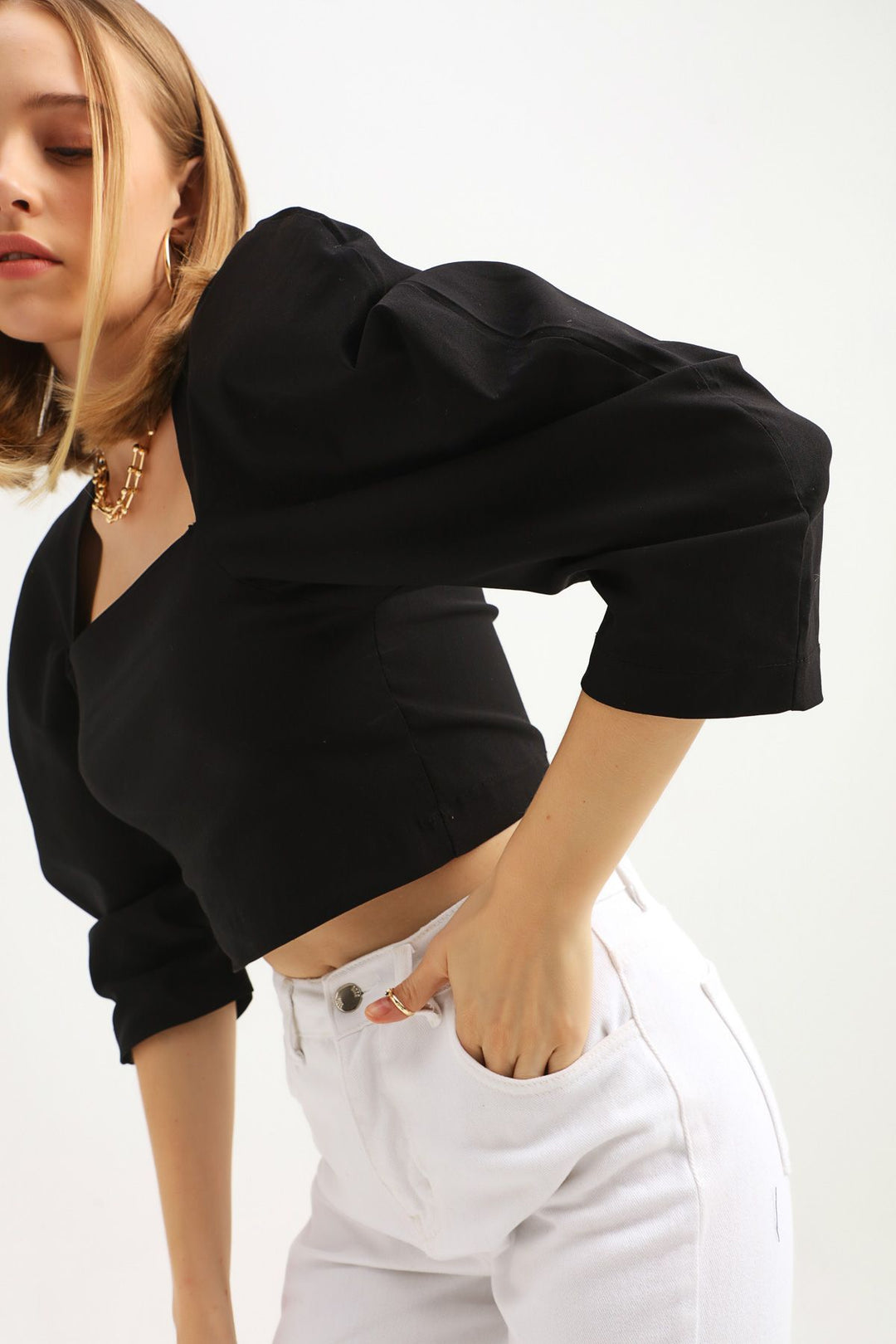 Balloon Sleeve Square Collar Crop Blouse Black